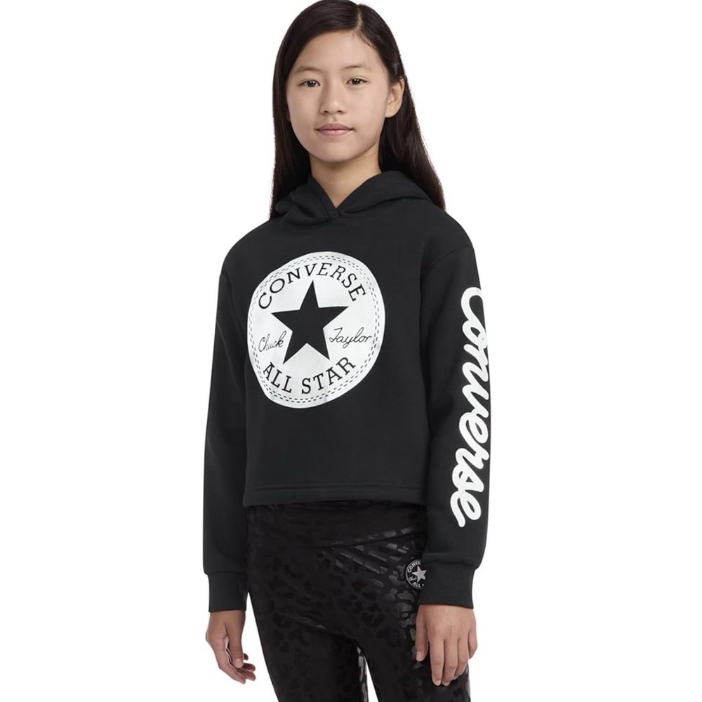 Converse Cropped Foil Hoodie Black Silver Graphic Pullover Girls Sz M 10-12 yrs